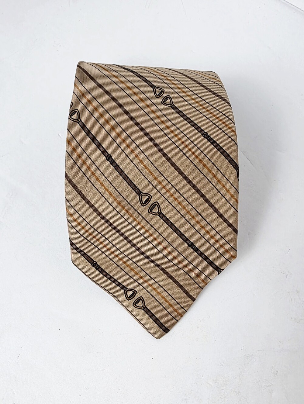Celine Vintage 80s Equestrian Motif Necktie Horsebit Stripes  Tan Brown Silk